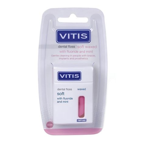 VITIS Межзубная нить Waxed Dental Floss with Fluoride and Mint 50м в твердой упаковке/розовая маркировка №2